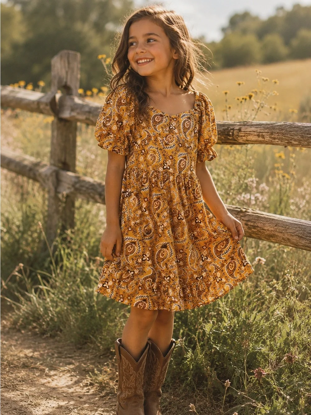 Janie and Jack Paisley Dress Size 8 Mustard Yellow Boho Puff Sleeve